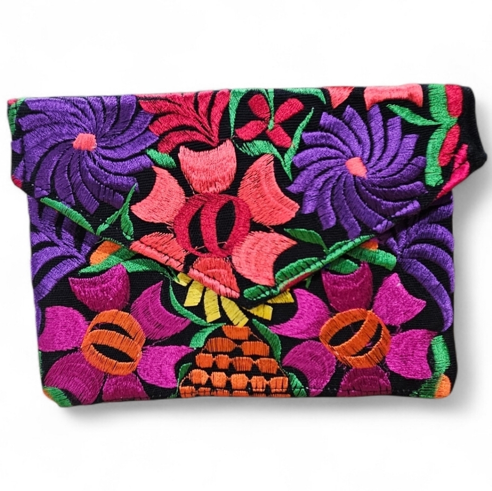 Handmade Mexican Embroidered Floral Clutch Black Multicolor Boho Artisan Bag